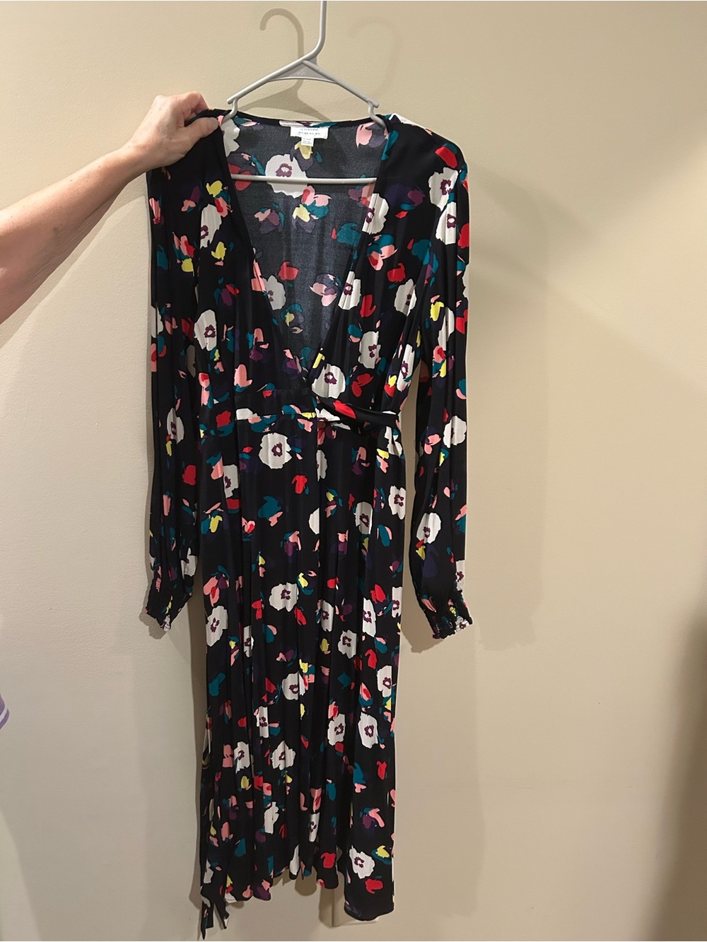 Seraphine Maternity Black with Floral Tie-Waist Long Sleeve Midi Dressing